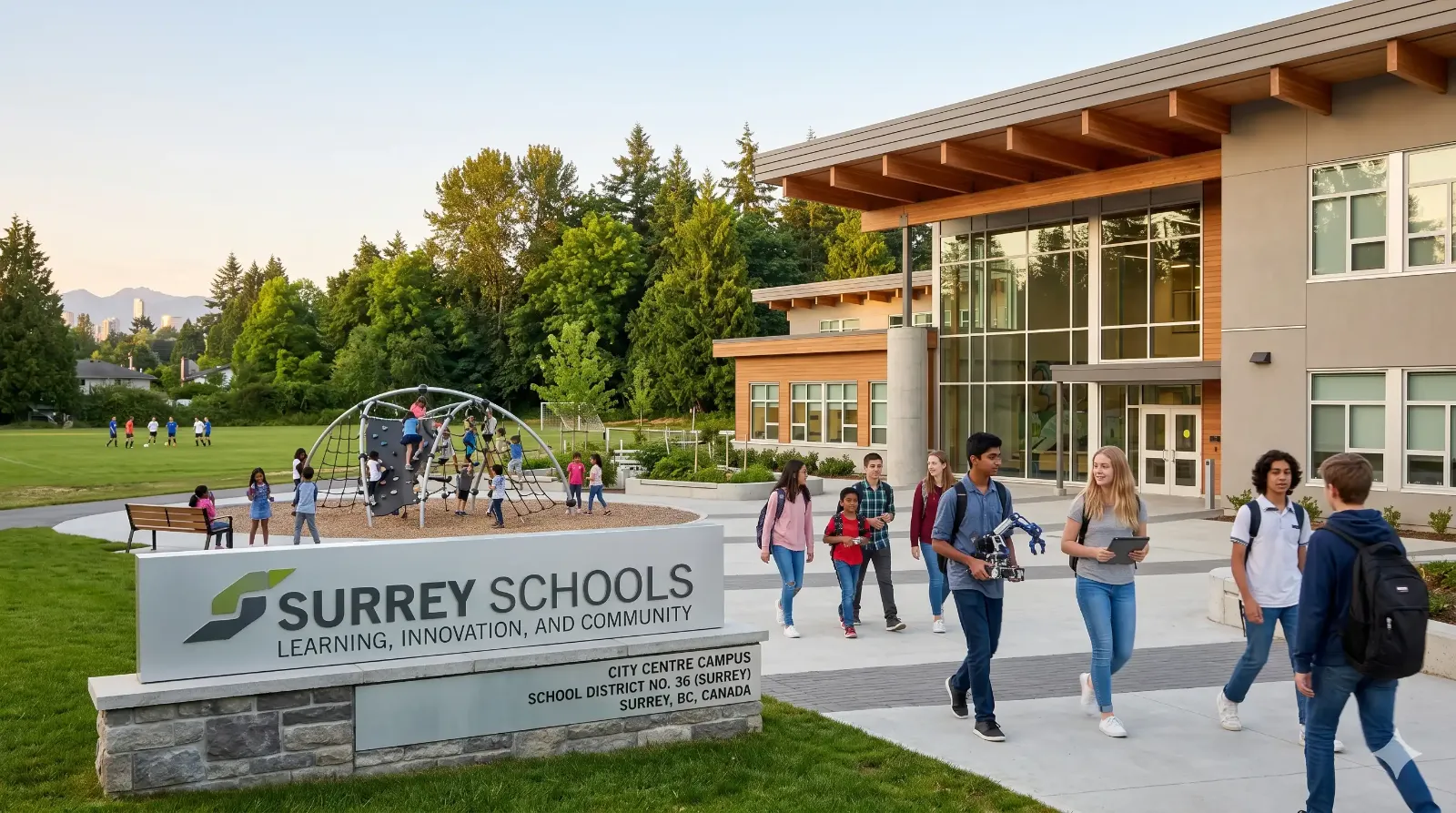 Best schools in Surrey BC family neighbourhoods with children walking to school building